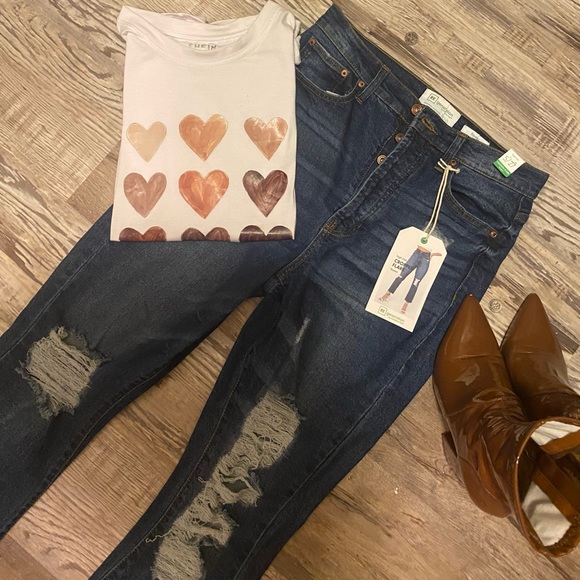 RE Generation High Rise Cropped Flare “Flower” Distressed Jeans, Dark Denim, - Picture 2 of 16